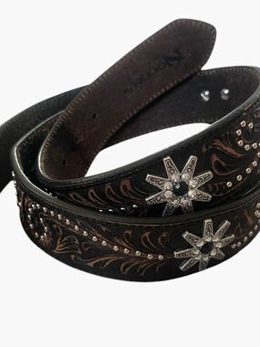 Nocona Cowgirl-Inspired Dark Leather Belt with Silver Star Conchos - no buckle